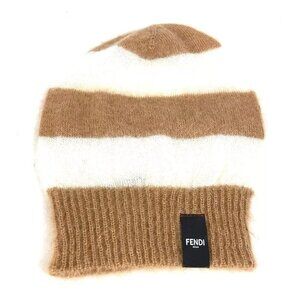 Auth FENDI FXQ107 border beanie hat knit hat knit cap Knit hat silk Brown/White